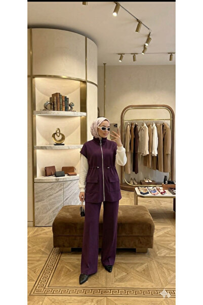 BEYAZTOPTAN Kadın Spor Şık Tesettür Kombin Fermuarlı Yelek Pantolon Takım - Y...