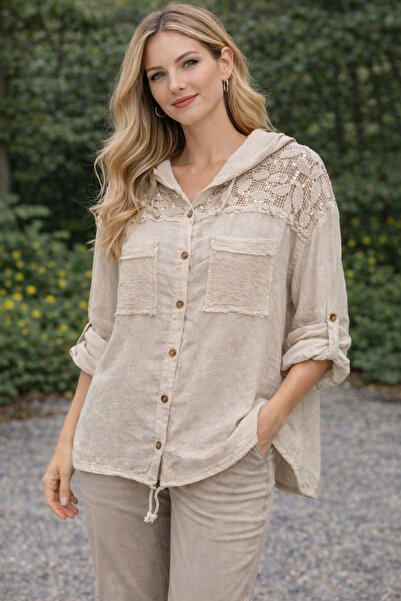 Butik Şans سترة من الكتان الإيطالي مع قلنسوة مطرزة ومزينة بالزخارف من الجبير