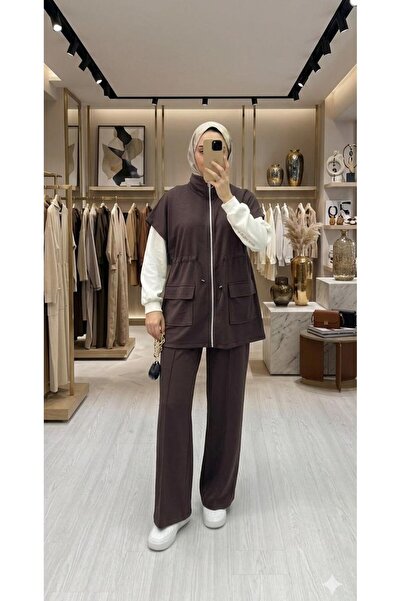 BEYAZTOPTAN Γυναικείο Αθλητικό Κομψό Σετ Παντελονιού με Φερμουάρ Γιλέκο τεμαχ...