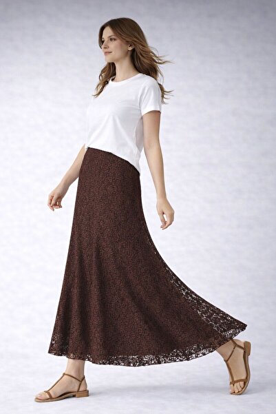 SHEBARA تنورة مريحة من الدانتيل بخصر مرتفع ومرن