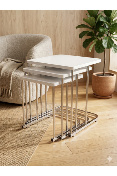 Nokta Sehpa Home 3LÜ TEKERLEKLİ GÜMÜŞ METAL BEYAZ TABLA mdf ZİGON SEHPA ORTA ...