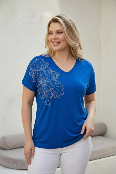 aytemas Shoulder Flower Stone Printed Blouse