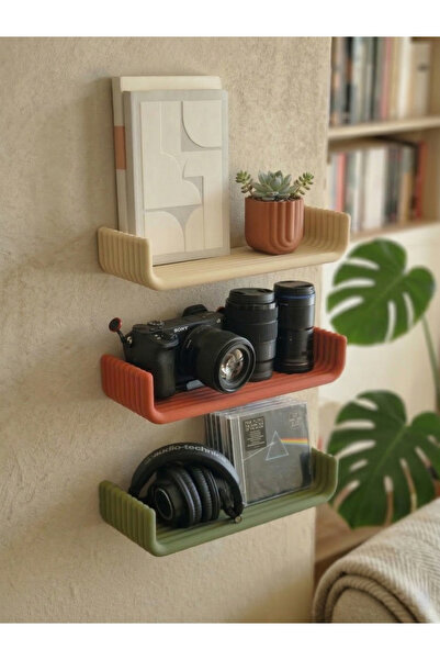 Puffin Design Flat 3'lü Dekoratif Mini Duvar Rafı Seti (Bej, Yeşil, Terracotta)