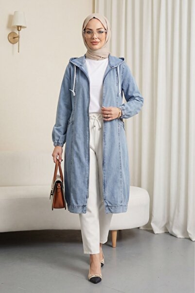 Modamorfo Hooded Pocketed Denim Jacket with Elastic Sleeves and Front Zipper ...