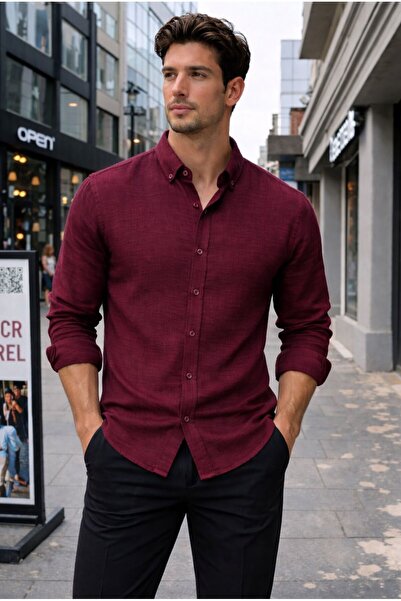 EMPEROR APPAREL Erkek Uzun Kollu Bordo Pera Keten Gömlek