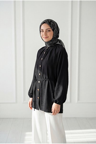 BENAHOLL Büge Ruched Balloon Sleeve Gold Buttoned Shirt-Na784 Black