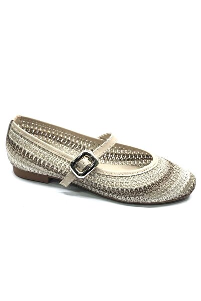 KOCAMANLAR Feles Belt Buckle Straw Detailed Women's Ballet Flats Shoes Beige