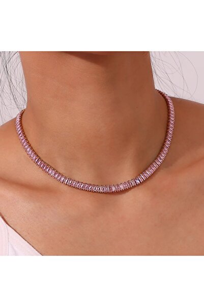 Haziran إكسسوارات باغيت باللون الوردي والفضي، قلادة نسائية من الفولاذ (45 سم)