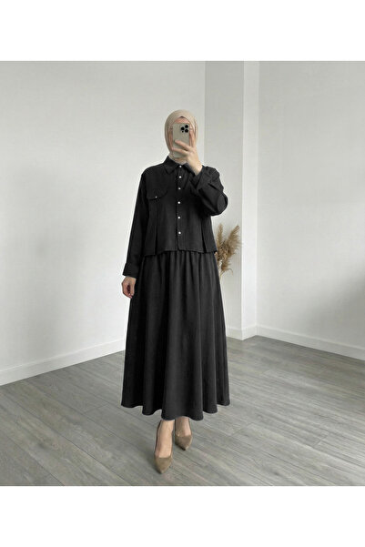MİHRA STORE Ecem Boncuk Κοστούμι με κουμπιά και φούστα με πιέτες-MF589 Μαύρο