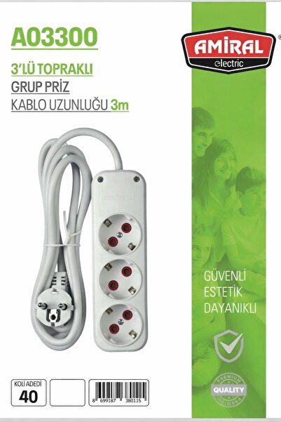 Amiral electric 3lü Topraklı Grup Priz 3 mt Kablolu  Uyumlu