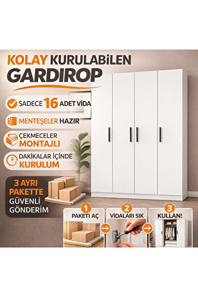 Genel Markalar Model 180×120 Elbise Dolabı 4 Kapılı, Içten 2 Çekmeceli, 10 Ra...