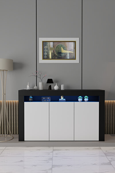 ECM Konsol Led Aydınlatmalı Şık Büfe Modern Ve Zarif Konsol Siyah Beyaz Mat Büfe