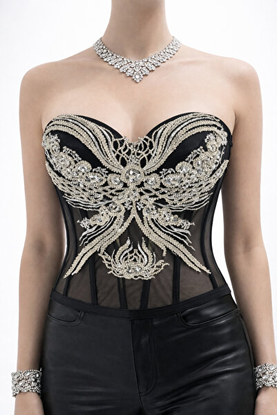 MELON ATELIER Kadın Taş İşlemeli Transparan Korse Straplez Şık Davet Büstiyer...