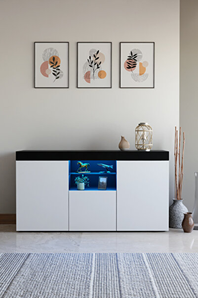 ECM Konsol Led Aydınlatmalı Şık Büfe Cam Raflı Modern Ve Zarif Konsol Siyah B...