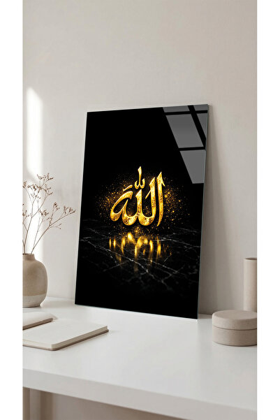 Vitraum Altın ve Siyah Detaylı Allah Yazılı Cam Tablo, UV Baskılı 4mm Kırılma...