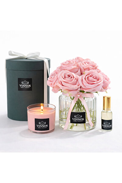 VINNOS HOME CONCEPT Lüks Pudra Gül Aranjmanı-Hediye Seti – 230 ml Kokulu Mum ...