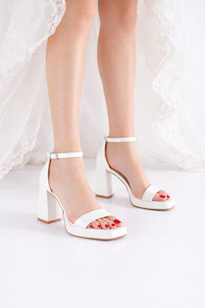 MODA MHS Pantofi cu toc cu platformă alb satinat de damă