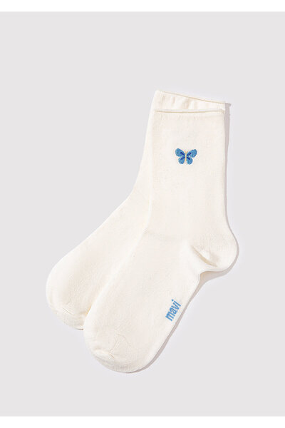 Mavi Kelebek İşlemeli Ekru Soket Çorap 1913242-70048