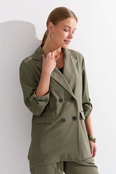 Desen Triko Ženska jakna modela Dvoredno kopčanje sa dugmadima Lan kaki boje