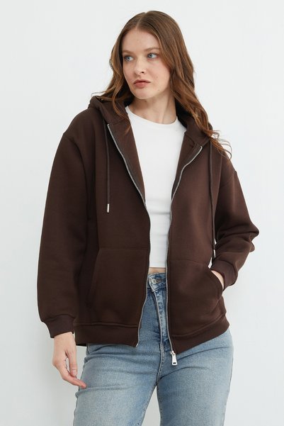 Fulla Moda Basic Zippered Hooded Oversize Sweatshirt