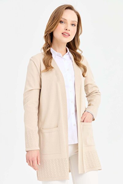 Desen Triko Kadın Triko Araboy Yazlık İnce Ceket Bej