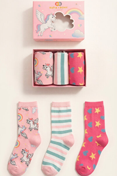 Katia&Bony Κοριτσίστικες κάλτσες με μοτίβο μονόκερου σε κουτί 3 τεμαχίων