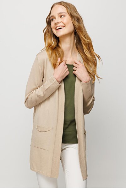 Desen Triko Kadın Cepli Arkası Desenli Uzun Yazlık Hırka Bej