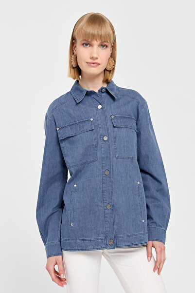 Desen Triko Kadın Cepleri Zımbalı Kot Ceket M.İndigo