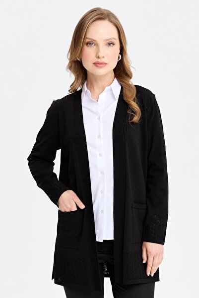 Desen Triko Kadın Triko Araboy Yazlık İnce Ceket Siyah