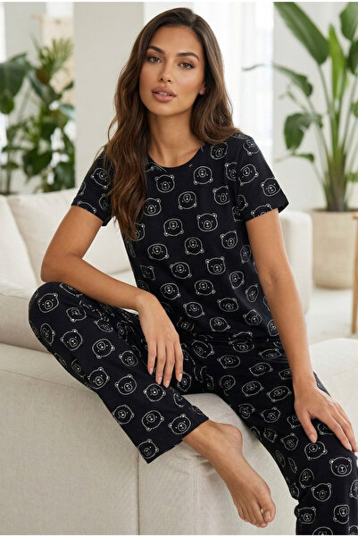 Siyah İnci Σετ πιτζάμες με κοντομάνικο βαμβακερό σχέδιο με μαύρο αρκουδάκι