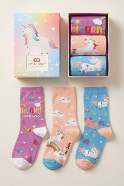 Katia&Bony Dívčí ponožky se vzorem jednorožce – krabice po 3 kusech