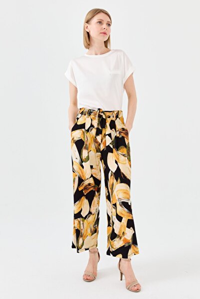 Desen Triko Women's Mixed Patterned Loose Cut Combed Cotton Trousers Mustard