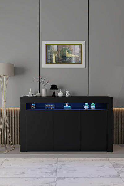 ECM Konsol Led Aydınlatmalı Şık Büfe Modern Ve Zarif Konsol Siyah Mat Büfe