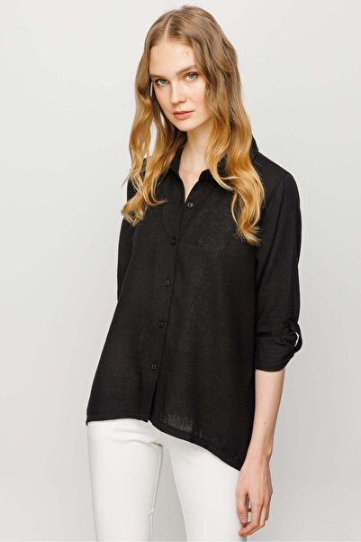 Desen Triko Ženska široka kroj obična Lan košulja crna