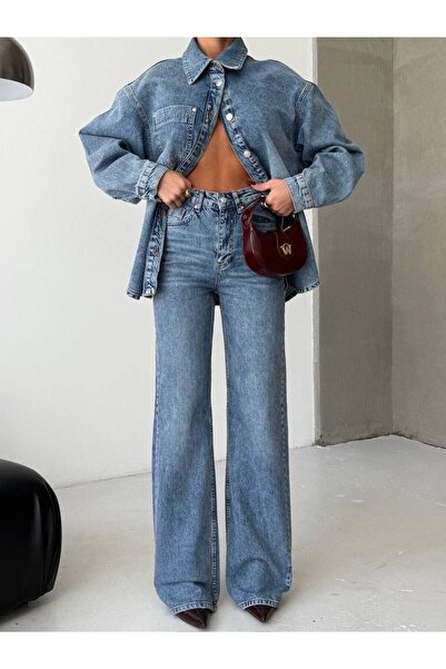 HerTon Set de denim lavat pentru femei - Jachetă din denim supradimensionată ...