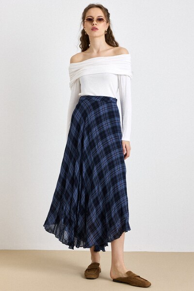 Olcay Plaid Patterned Flared Thin Fabric Skirt Dark Blue 7074