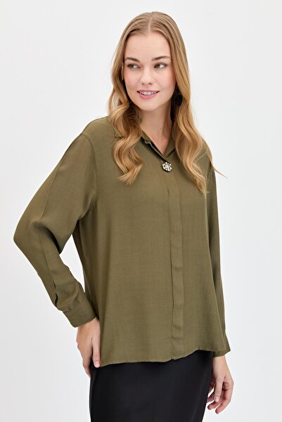 Desen Triko Khaki Colored Women's Shirt - Front with Brooch, Maroken, Long Sl...