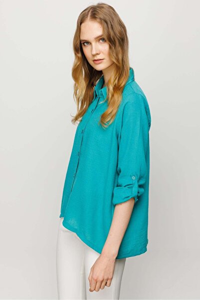 Desen Triko Дамска риза от лен, широка, зелена