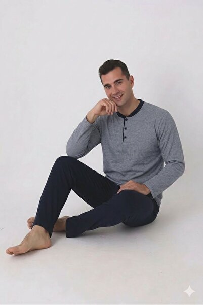 Sude HOMEWEAR Pánské žakárové pyžamo s dlouhým rukávem v kouřové barvě