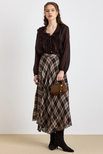 Olcay Plaid Patterned Flared Thin Fabric Skirt Brown 7074