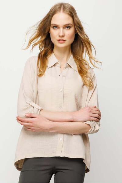 Desen Triko Дамска широка обикновена ленена риза, бежова