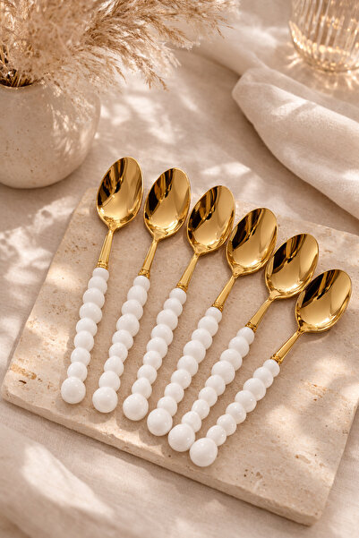 Anadolu Saray طقم ملاعق حلوى ذهبية بتفاصيل حجر اللؤلؤ البلاستيكي الأبيض مكون ...