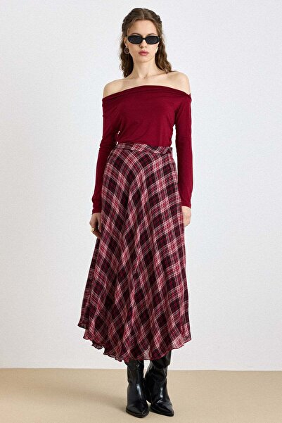 Olcay Plaid Patterned Flared Thin Fabric Skirt Claret Red 7074