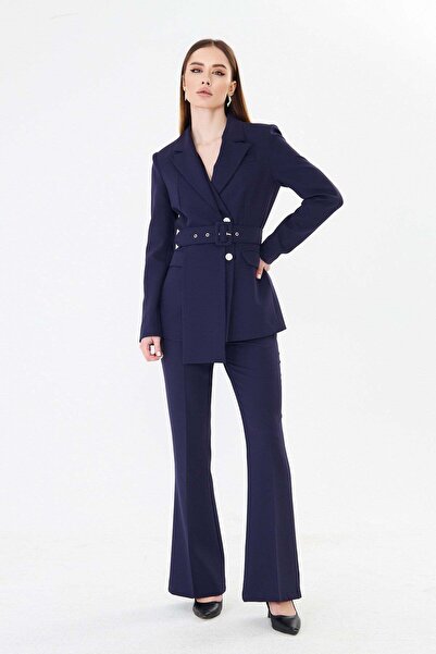 LOVELF Collar Detail Flared Sets Navy Blue