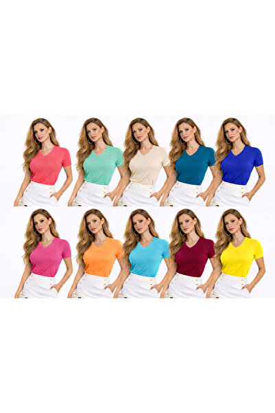 MissFlex Fit Set avantajos de 10 tricouri de damă cu decolteu în V, din bumba...