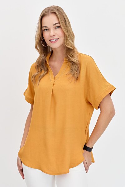 Desen Triko Women's Collar Stoned Maroken Shirt Mustard