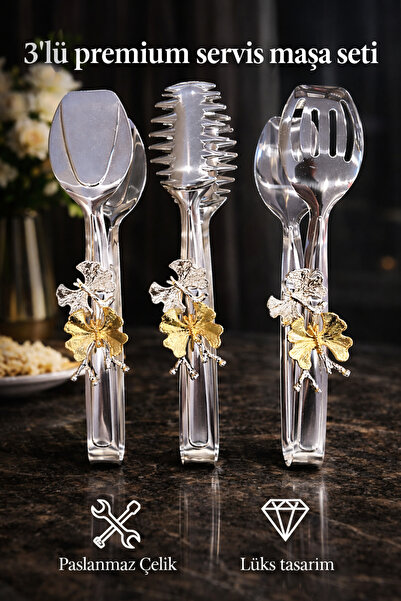 AslanhanHome 3,lü Set Kelebek Fiyonklu Gümüş Renk Maşa Servis Sunum Takımı/Pa...