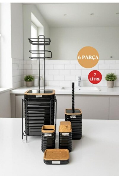 Okyanus Home Siyah Ahşap Dalgalı Desenli Yedekli Wc Kağıtlık ve 6 Parça Banyo...