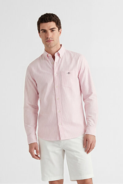 Gant Erkek Pembe Regular Fit Çizgili Logolu Gömlek