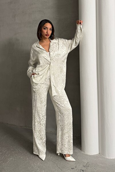 BEJNA Women's Ecru Leopard Patterned Satin Suit